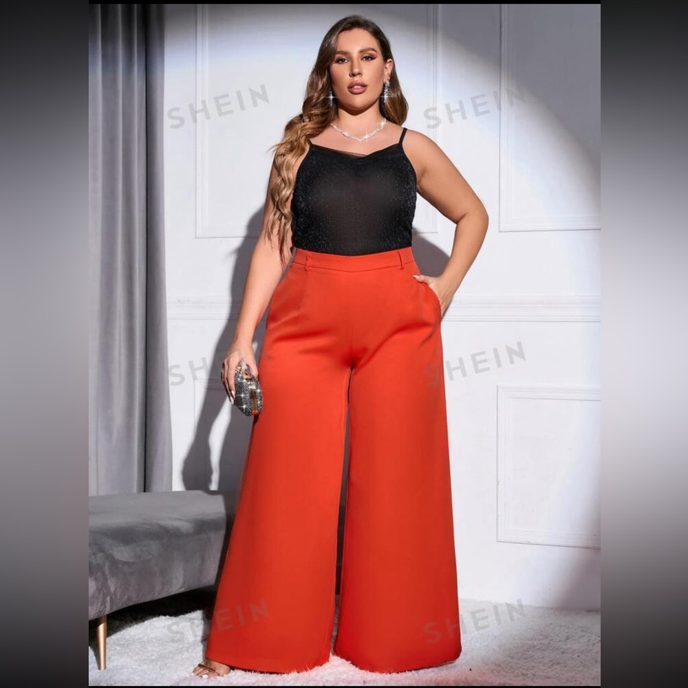 Shein Plus Wide-Leg High-Waist Pants in Red-Orange
